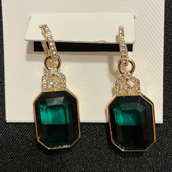 Ralph Lauren Gold Tone, Emerald-Cut Stone Drop Earrings with Crystal Accent - Picture 1 of 7